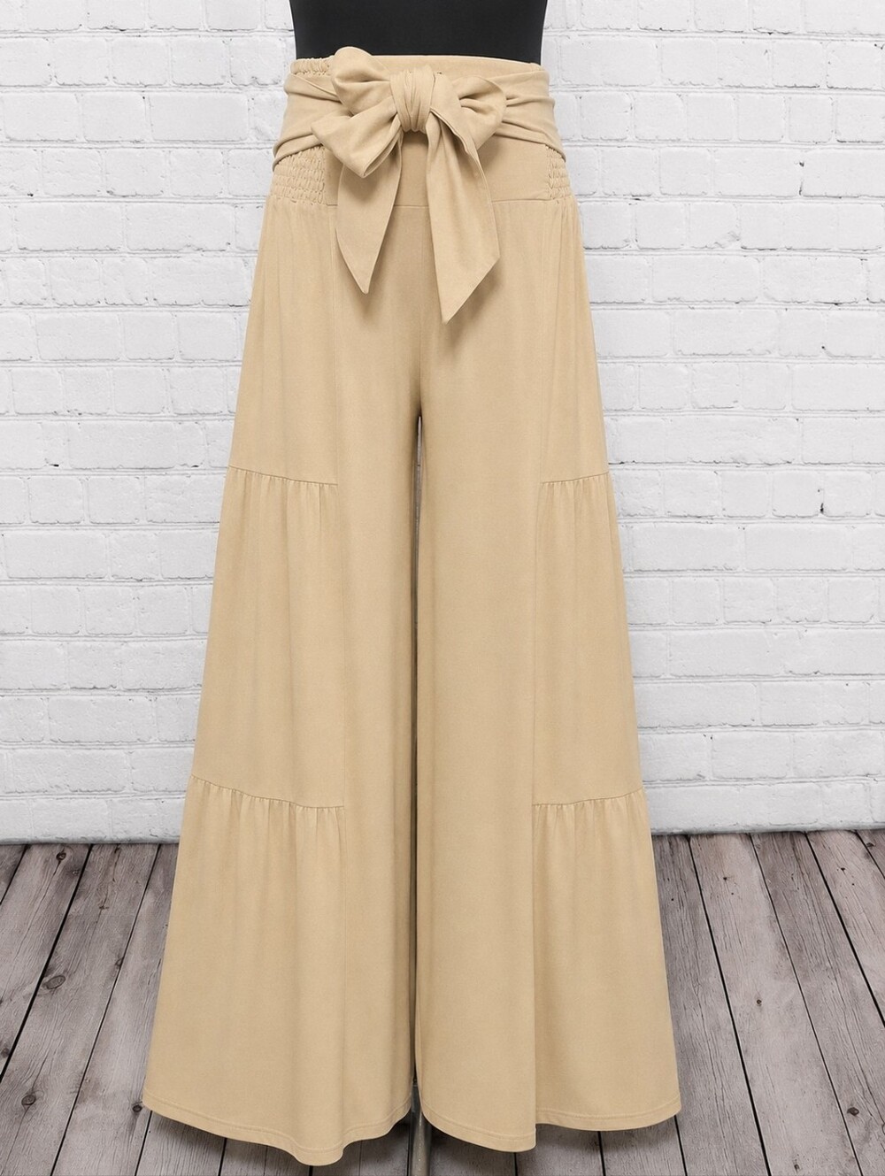 Wide Leg Tie-Waist Pants in Beige